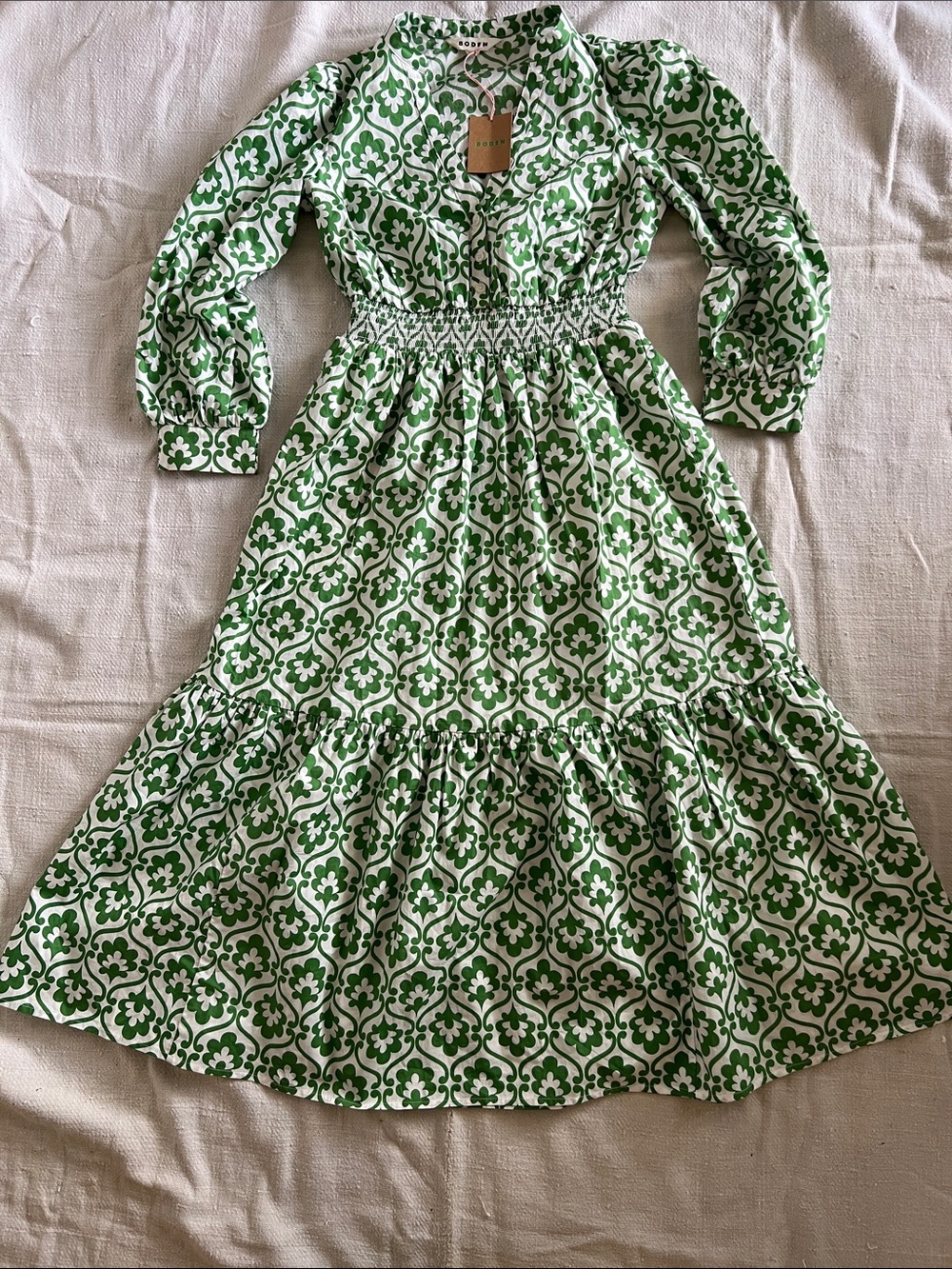 Boden White Tiered Midi Dress with Green Trellis Print